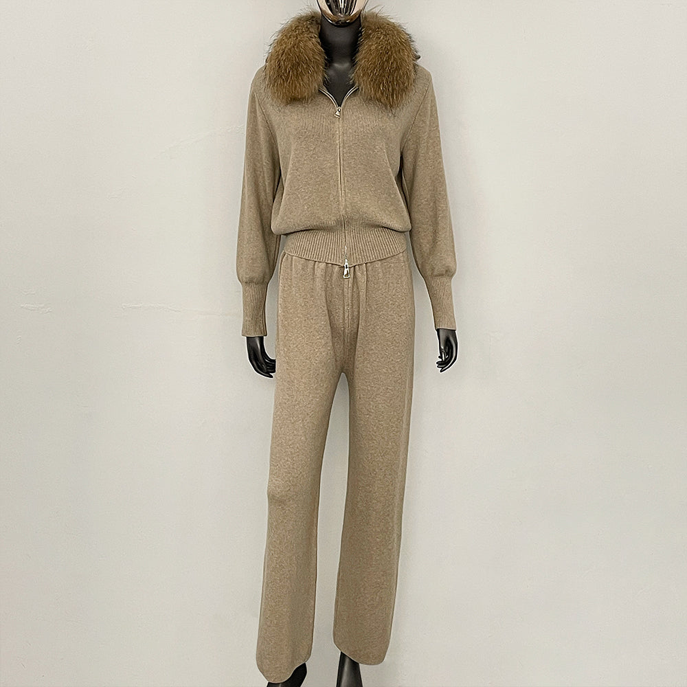 OFTBUY Winter New Women's Knitted Tracksuit Set with Fox Fur Collar Zipper Jacket Wide Leg Pants Luxury Casual Two-Piece Outfit