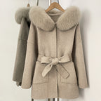 OFTBUY New Autumn Winter Top Clothes Female Hooded Natural Fur Collar 100% Wool Jacket Women Belt Real Fox Fur Woolen Coat