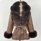 OFTBUY Large Natural Fox Fur Women Faux Leather Jacket Autumn Winter Fashion Ladies Warm Retor Faux Lamb Fur Coat Outwear