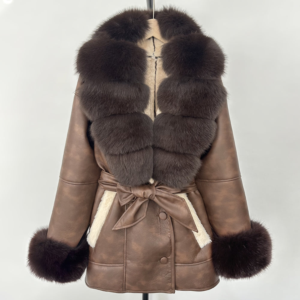 OFTBUY Large Natural Fox Fur Women Faux Leather Jacket Autumn Winter Fashion Ladies Warm Retor Faux Lamb Fur Coat Outwear