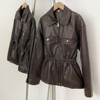 OFTBUY New Women's Faux Leather Jacket Lapel Collar Zipper Elastic Waist Pockets Elegant Fashion Outerwear Vintage Coat Female
