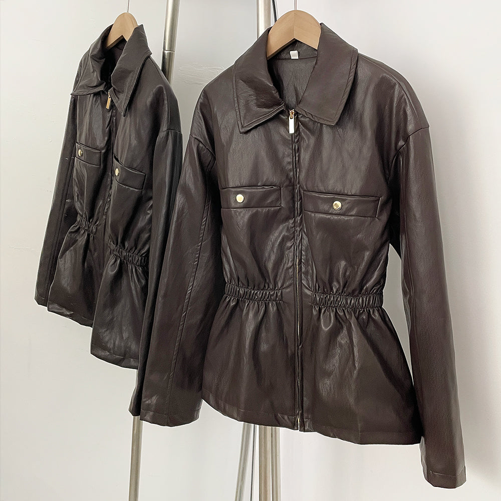 OFTBUY New Women's Faux Leather Jacket Lapel Collar Zipper Elastic Waist Pockets Elegant Fashion Outerwear Vintage Coat Female