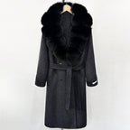 OFTBUY Winter Jacket Women Woolen Blends Coat Natural Real Fox Fur Collar Belt Loose Outerwear Casual Outerwear Streetwear
