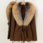 OFTBUY New Autumn Winter Luxury Fashion Outerwear Lady Women's Knit Coat with Large Real Fox Fur Collar Belt Textured Knit Warm