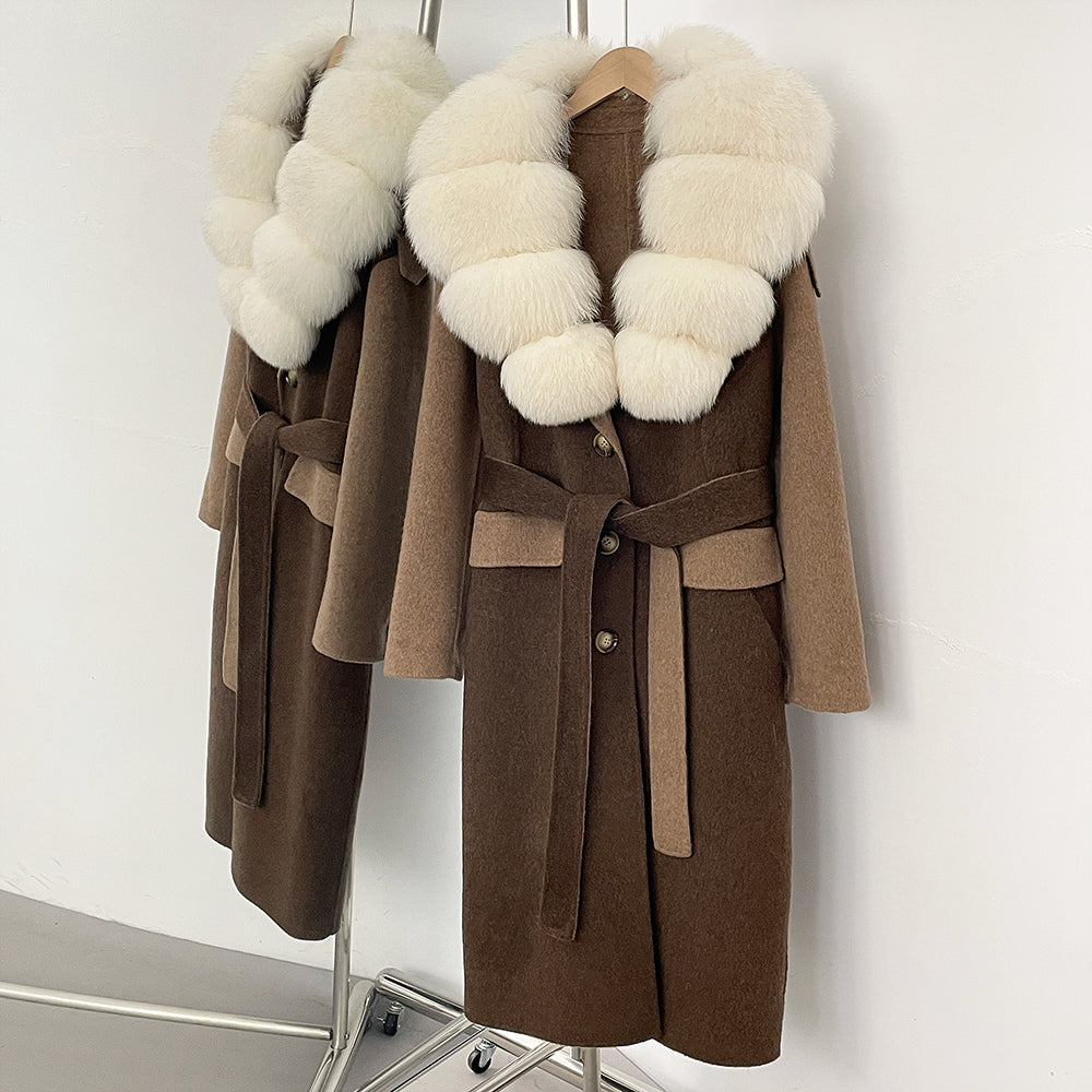 OFTBUY New Fashion Fur Cuff Winter Clothes Women Real Fox Fur Collar Woolen Coat Female Warm Double-faced Cashmere Wool Jacket