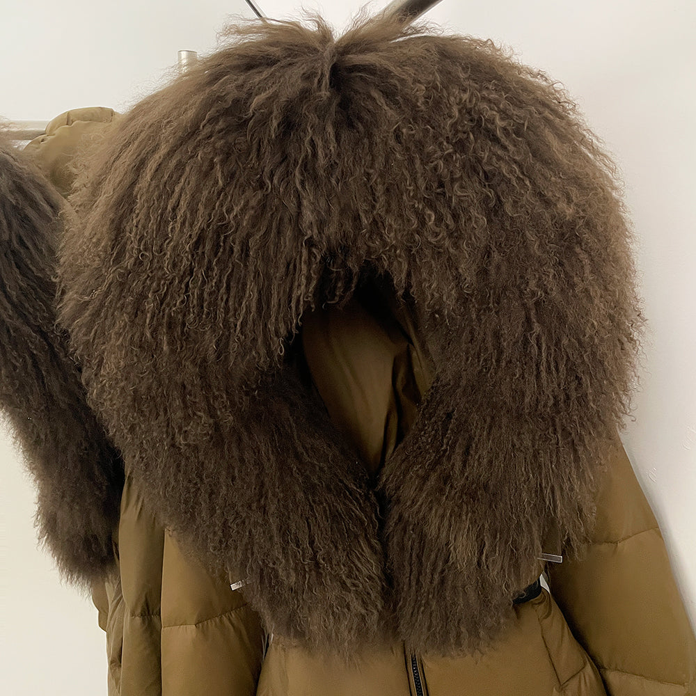 OFTBUY New Belted Luxury Warm Winter Women's Puffer Jacket with Real Mongolia Sheep Fur Collar Outerwear Duck Dowm Coat Female