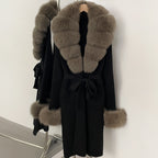OFTBUY New Cardigan Autumn Winter Long Knit Clothing Women Loose Warm Belt Sweater Jacket with Real Fox Fur Collar and Cuffs
