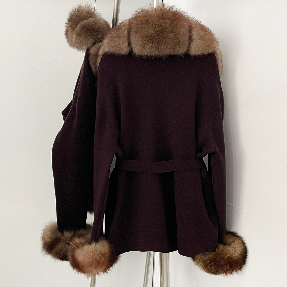 OFTBUY New Women's Knit Cardigan with Real Fox Fur Collar and Cuff Belt Luxury Coat Warm Autumn Fashion Outerwear Sweater Female