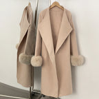 OFTBUY New Autumn Winter Belt Top Clothes Women Long Elegant Double-sided Woolen Coat Femlae Real Fox Fur Cuffs 100% Wool Coat