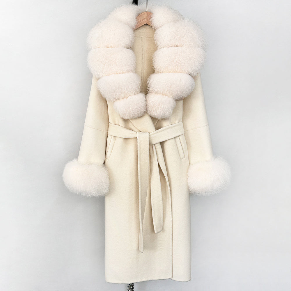 OFTBUY New Women's Double-Faced Wool Coat with Large Real Fox Fur Belted Warm Winter Luxury Fashion Outerwear Woolen Jacket Lady
