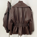 OFTBUY New Women's Faux Leather Jacket Oversized High Neck Zipper Elastic Waist Vintage Coat Female Streetwear Fashion Outerwear