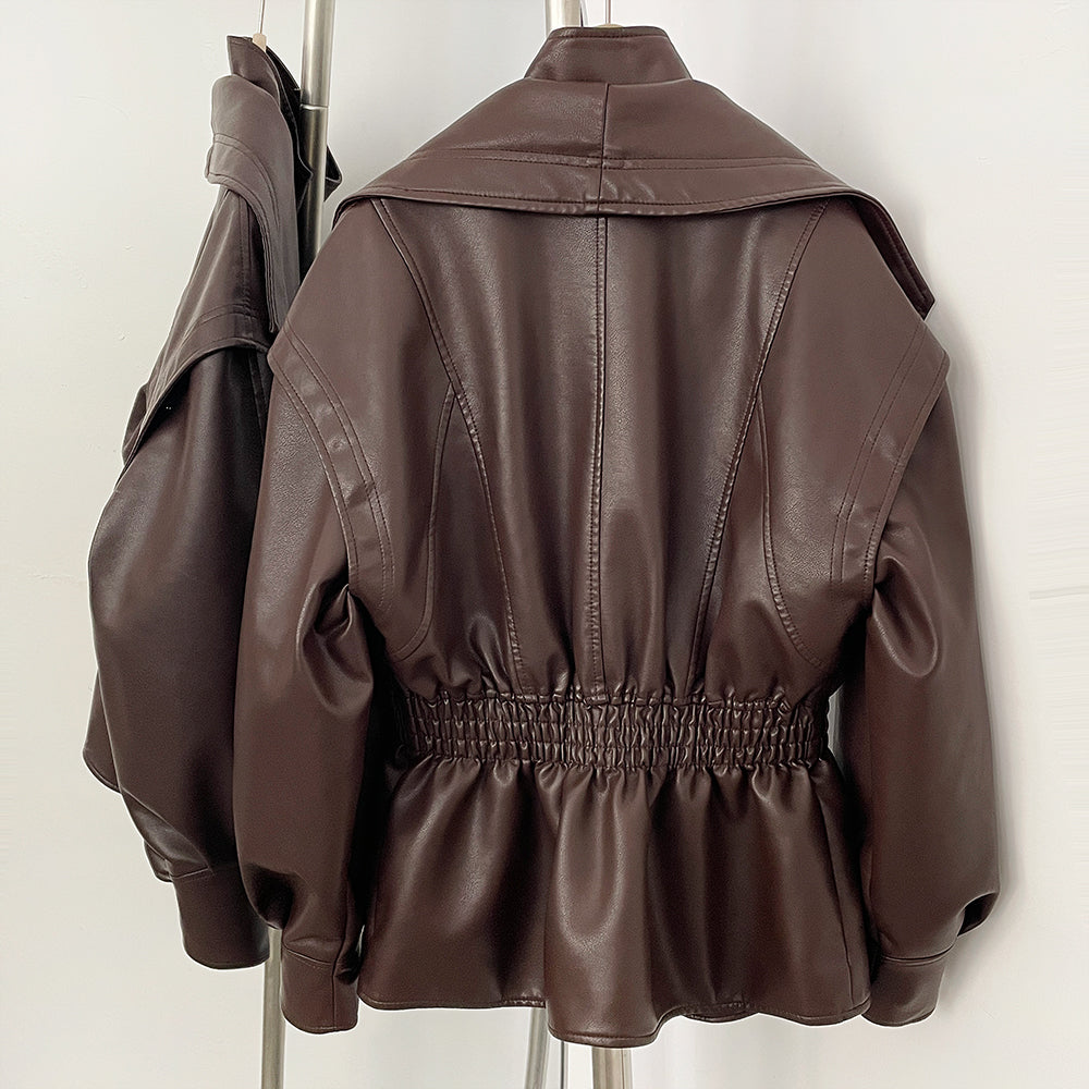 OFTBUY New Women's Faux Leather Jacket Oversized High Neck Zipper Elastic Waist Vintage Coat Female Streetwear Fashion Outerwear