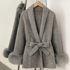 OFTBUY Belted Warm Winter Elegant Fashion Outerwear Wool Jacket Lady New Women's Double-Faced Wool Coat with Real Fox Fur Cuffs