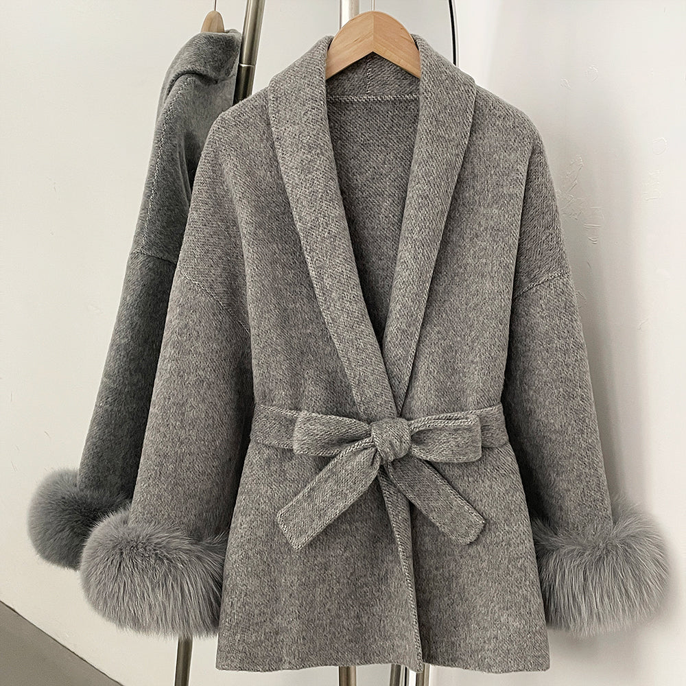 OFTBUY Belted Warm Winter Elegant Fashion Outerwear Wool Jacket Lady New Women's Double-Faced Wool Coat with Real Fox Fur Cuffs