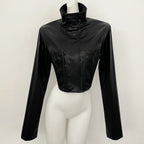 OFTBUY New Women's Faux Leather Cropped Jacket Stand Collar Asymmetric Hem Closure Streetwear Fashion Outerwear Clothing Female