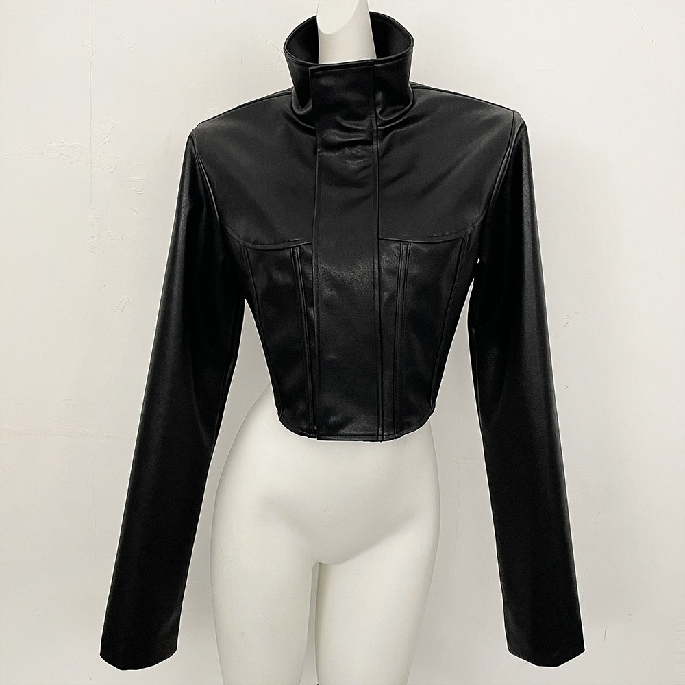 OFTBUY New Women's Faux Leather Cropped Jacket Stand Collar Asymmetric Hem Closure Streetwear Fashion Outerwear Clothing Female