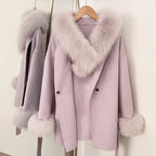 OFTBUY Purple Elegant Double-sided Wool Coat New Autumn Winter Clothes Women Real Fox Fur Scarf Collar Belt Wool Jacket Female