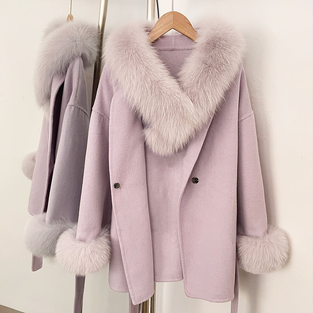 OFTBUY Purple Elegant Double-sided Wool Coat New Autumn Winter Clothes Women Real Fox Fur Scarf Collar Belt Wool Jacket Female