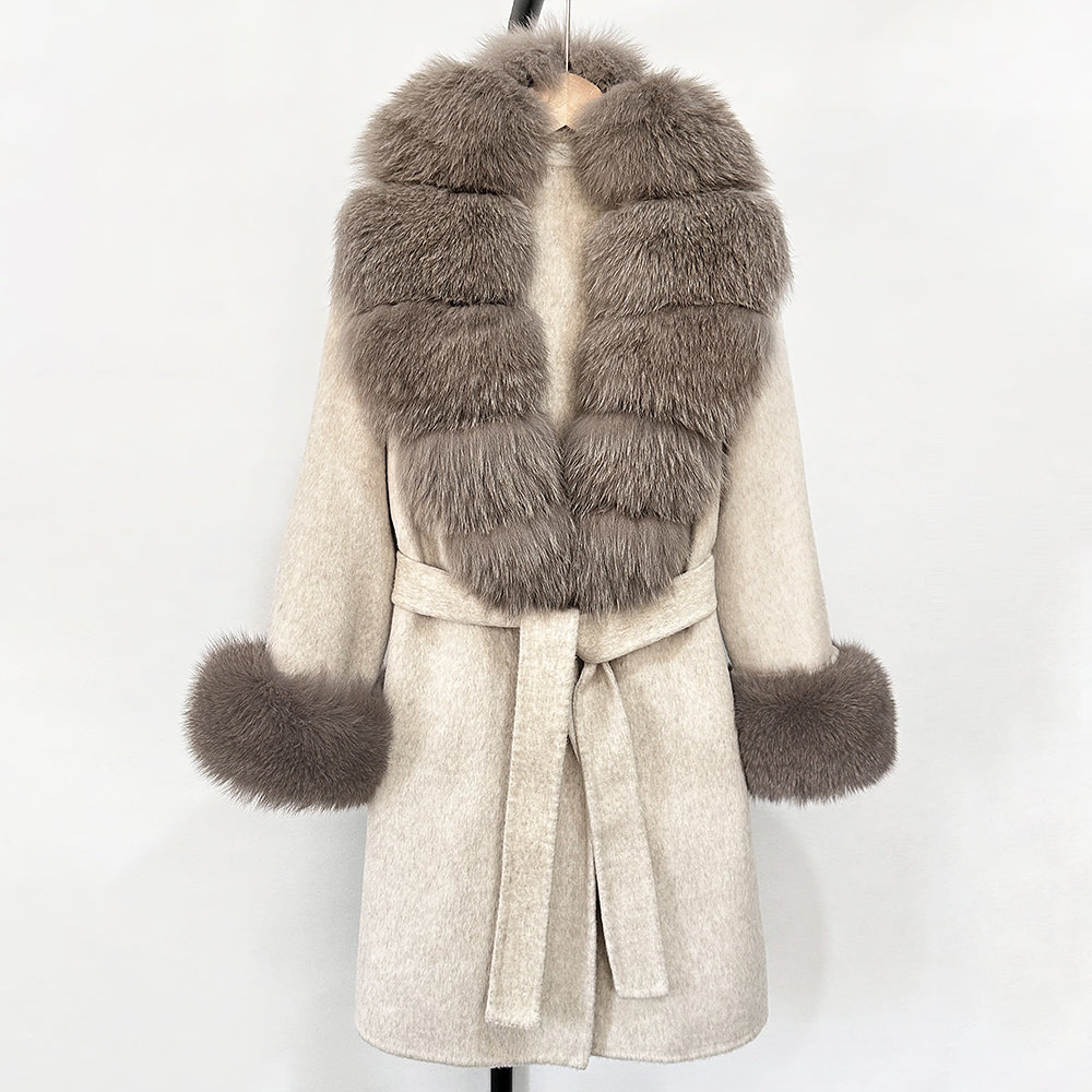 OFTBUY New Autumn Winter Top Clothes Women Belt Natural Fur Wool Coat Female Fashion Warm Woolen Jacket with Real Fox Fur Collar