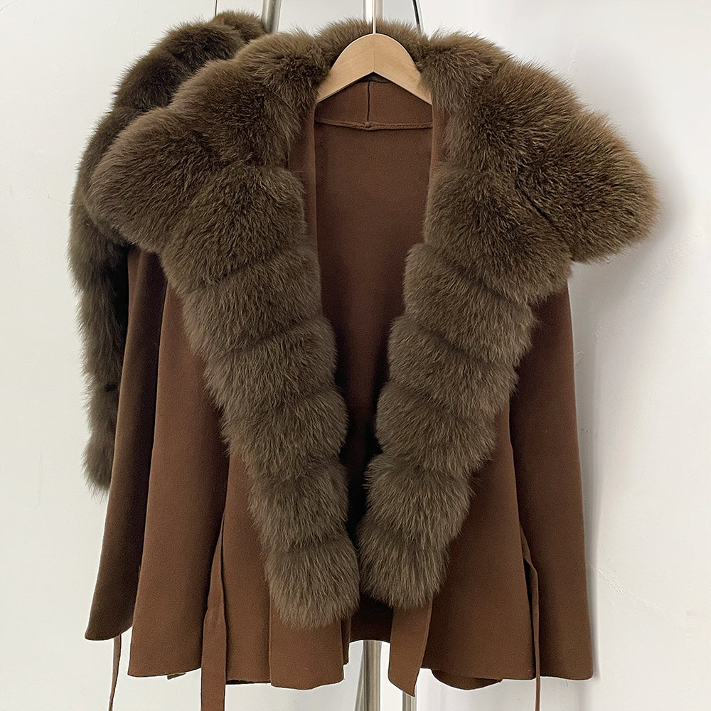 OFTBUY New Women's Knit Cardigan with Oversized Real Fox Fur Collar Belt Luxury Warm Winter Outerwear Sweater Jacket Female
