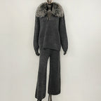 OFTBUY New Women's Knit Two Piece Set with Real Fox Fur Collar Loose Pants Warm Winter Elegant Casual Outfit Sweater Female
