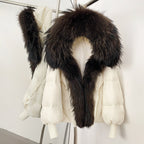 OFTBUY Luxury Cropped Down Puffer with Colossal Real Fur Collar - Premium 90% Duck Down Winter Statement Coat