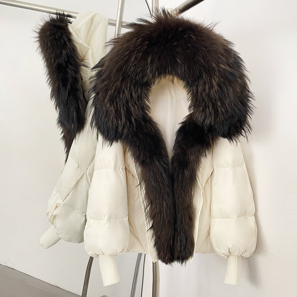 OFTBUY Luxury Cropped Down Puffer with Colossal Real Fur Collar - Premium 90% Duck Down Winter Statement Coat