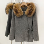 OFTBUY Women's Real Fox Raccoon Fur Collar Knit Wrap Coat Drawstring Waist Autumn Winter Cardigan Jacket Female Luxury Outerwear