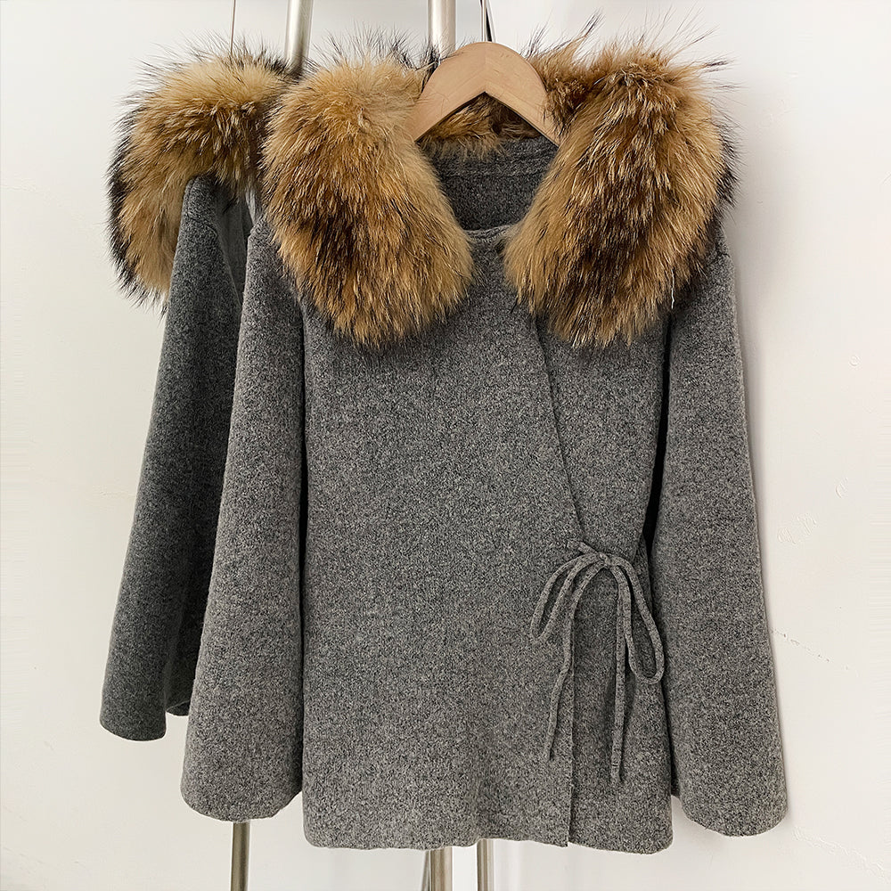 OFTBUY Women's Real Fox Raccoon Fur Collar Knit Wrap Coat Drawstring Waist Autumn Winter Cardigan Jacket Female Luxury Outerwear