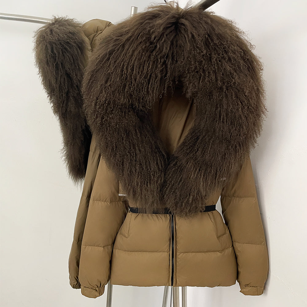 OFTBUY New Belted Luxury Warm Winter Women's Puffer Jacket with Real Mongolia Sheep Fur Collar Outerwear Duck Dowm Coat Female