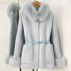 OFTBUY New Autumn Winter Belt Woolen Clothes Women Real Fox Fur Cuffs and Collar 100% Wool Coat Female Natural Fur Pocket Jacket