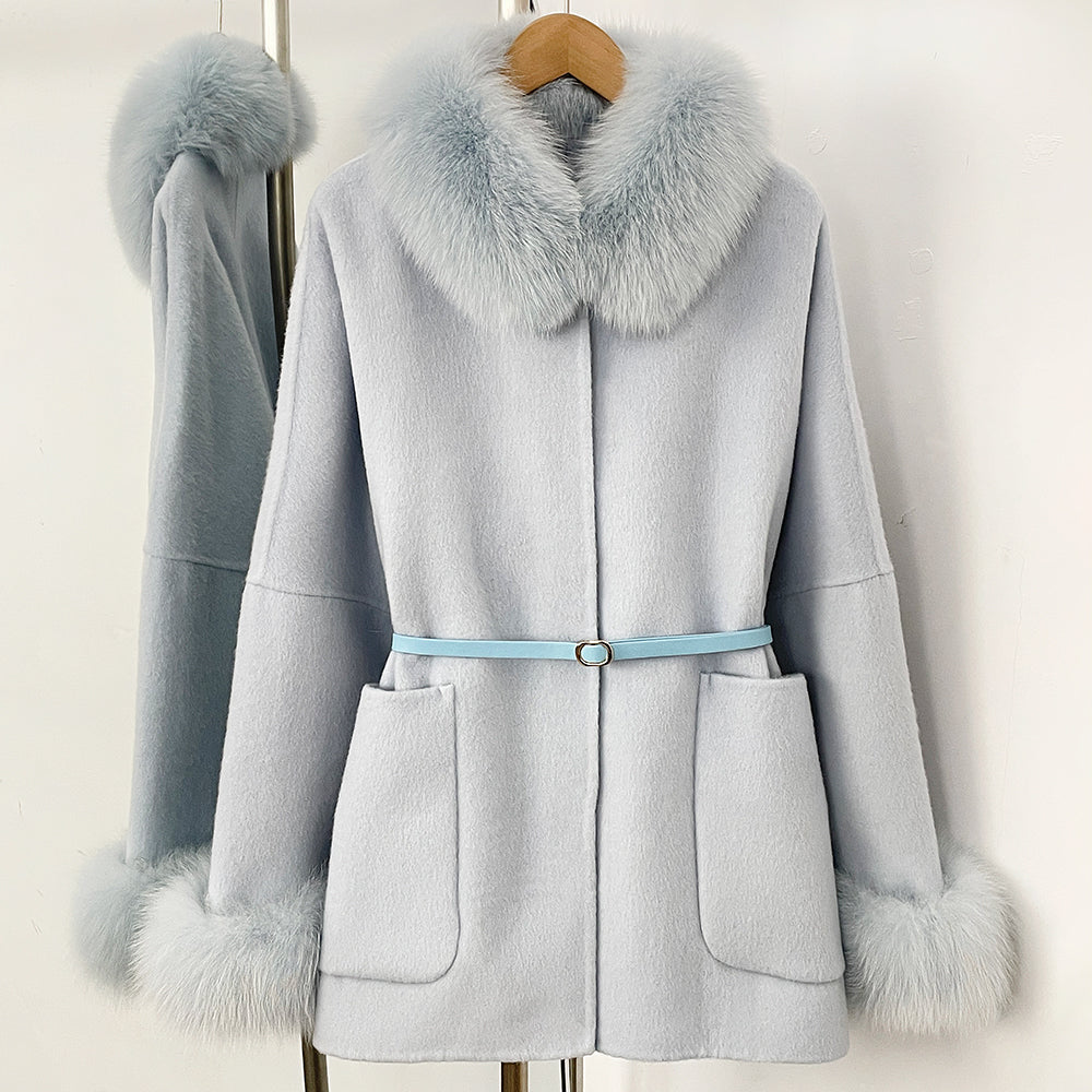 OFTBUY New Autumn Winter Belt Woolen Clothes Women Real Fox Fur Cuffs and Collar 100% Wool Coat Female Natural Fur Pocket Jacket