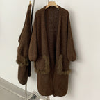 OFTBUY No Placket Long Sleeves Knitwear Jacket Long Real Fox Fur Pocket Cardigan Sweater Women New Spring Autumn Knitted Clothes