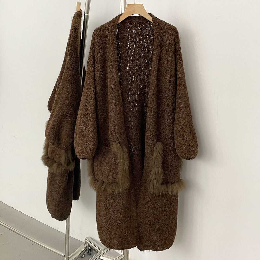 OFTBUY No Placket Long Sleeves Knitwear Jacket Long Real Fox Fur Pocket Cardigan Sweater Women New Spring Autumn Knitted Clothes