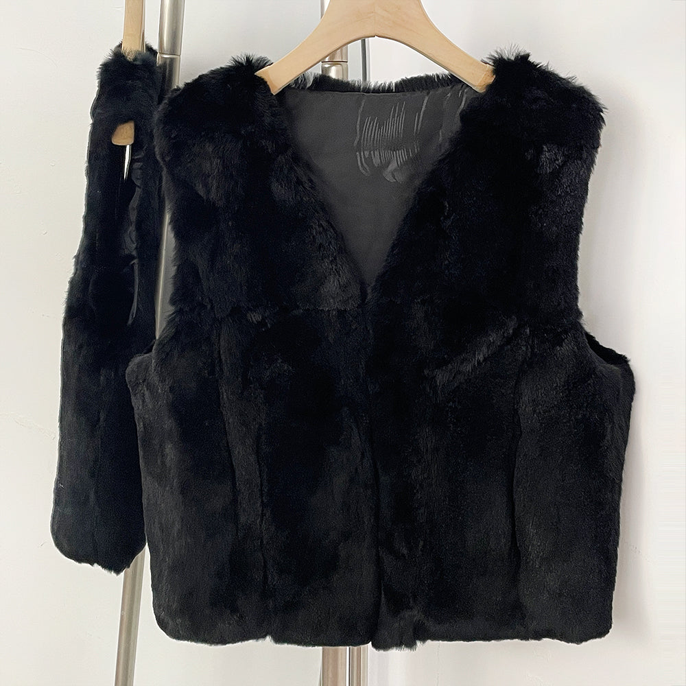OFTBUY New Autumn Winter Clothes Outerwear Women Natural Patchwork Real Rex Rabbit Fur Vest V-Neck Natural Fur Waistcoat Female
