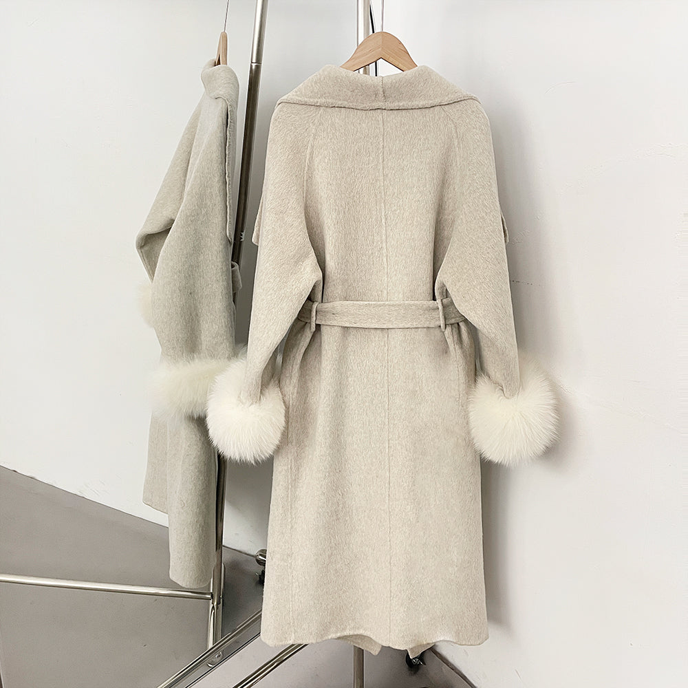 OFTBUY Belt Real Fox Fur Cuffs Elegant Warm Winter Outerwear lady New Women's Long Double-Faced Wool Coat Oversized Lapel Collar