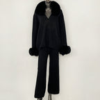 OFTBUY Loose Pants Warm Winter Elegant Casual Outfit Sweater Female New Women's Knit Two Piece Set with Real Fox Fur Collar