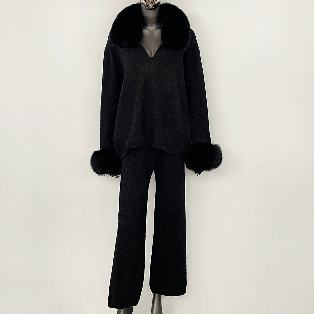 OFTBUY Loose Pants Warm Winter Elegant Casual Outfit Sweater Female New Women's Knit Two Piece Set with Real Fox Fur Collar