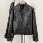 OFTBUY New Women's Clothes Faux Leather Jacket Lapel Collar Button Coat Female Elastic Hem Streetwear Fashion Casual Outerwear