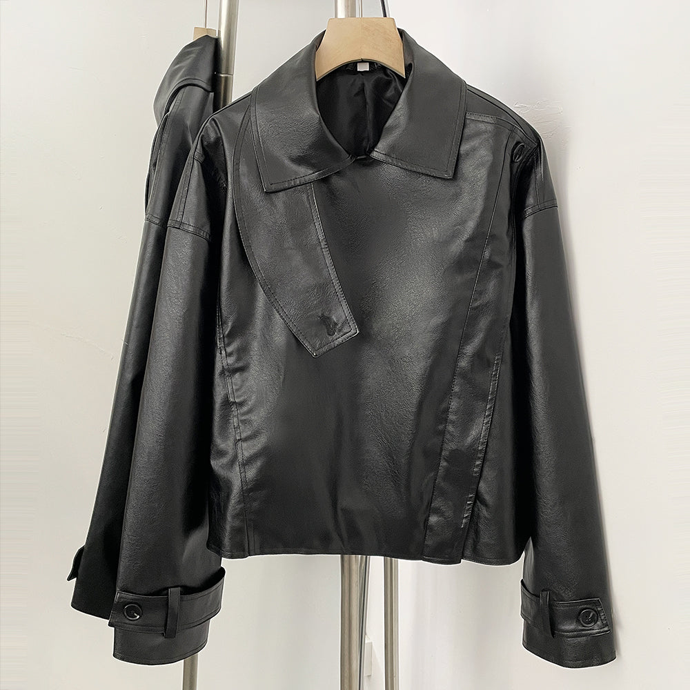 OFTBUY New Women's Clothes Faux Leather Jacket Lapel Collar Button Coat Female Elastic Hem Streetwear Fashion Casual Outerwear