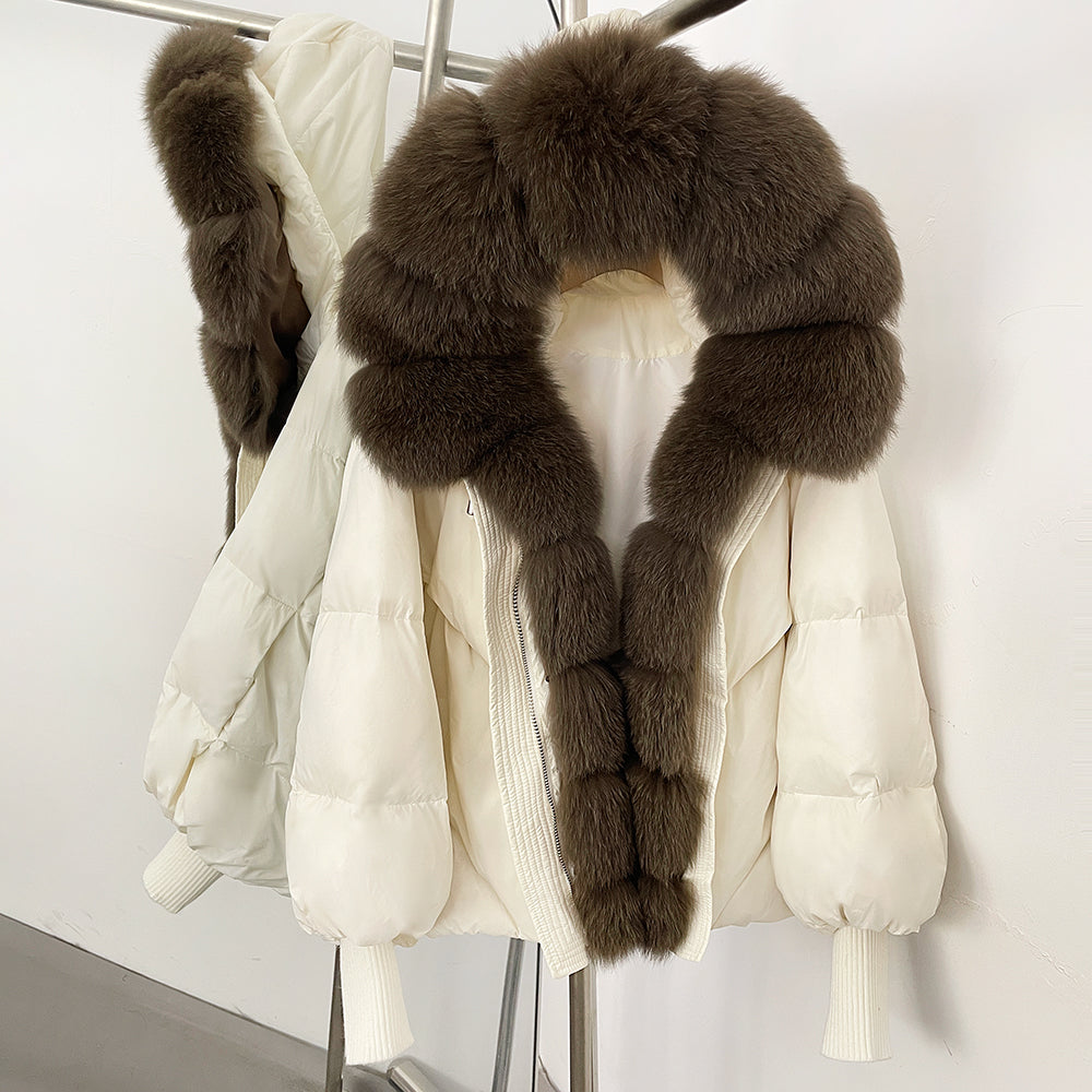 OFTBUY Luxury Cropped Down Puffer with Colossal Real Fur Collar - Premium 90% Duck Down Winter Statement Coat