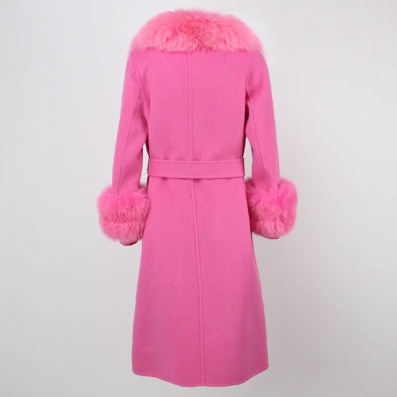 OFTBUY Winter Jacket Women Long Natural Wool Blends Cashmere Real Fur Coat Double Breasted Belt Warm Streetwear New Fashion