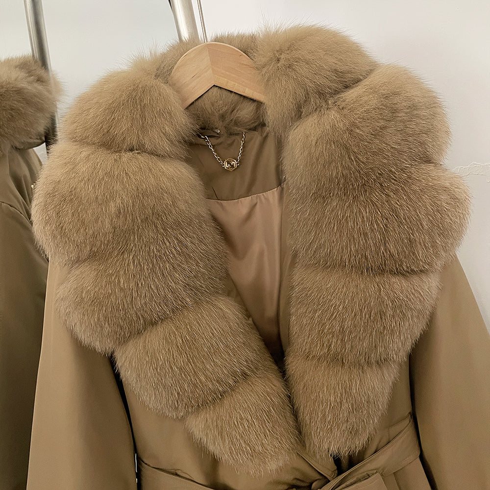 OFTBUY Winter Warm Women Real duck Down Jackets Natural Real Fox Fur Collar Puffer Jackets Belt Female Outwear Coats Hot Sale