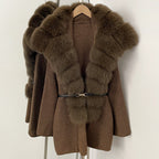OFTBUY Fashion Belt Warm Sweater Female Natural Fur Loose Cadigan Coat Women Medium Length Knit Jacket with Real Fox Fur Collar