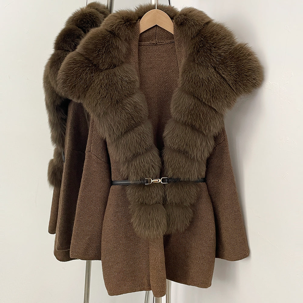 OFTBUY Fashion Belt Warm Sweater Female Natural Fur Loose Cadigan Coat Women Medium Length Knit Jacket with Real Fox Fur Collar