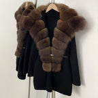 OFTBUY Fashion Belt Warm Sweater Female Natural Fur Loose Cadigan Coat Women Medium Length Knit Jacket with Real Fox Fur Collar