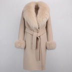 OFTBUY Winter Jacket Women Long Natural Wool Blends Cashmere Real Fur Coat Double Breasted Belt Warm Streetwear New Fashion
