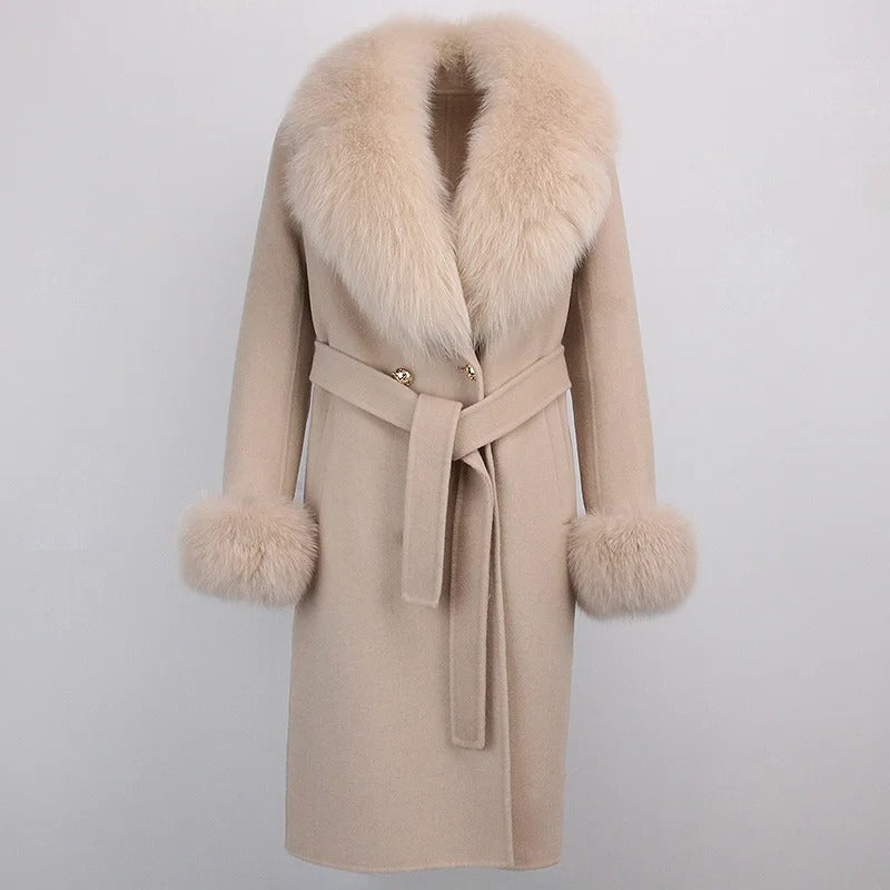 OFTBUY Winter Jacket Women Long Natural Wool Blends Cashmere Real Fur Coat Double Breasted Belt Warm Streetwear New Fashion