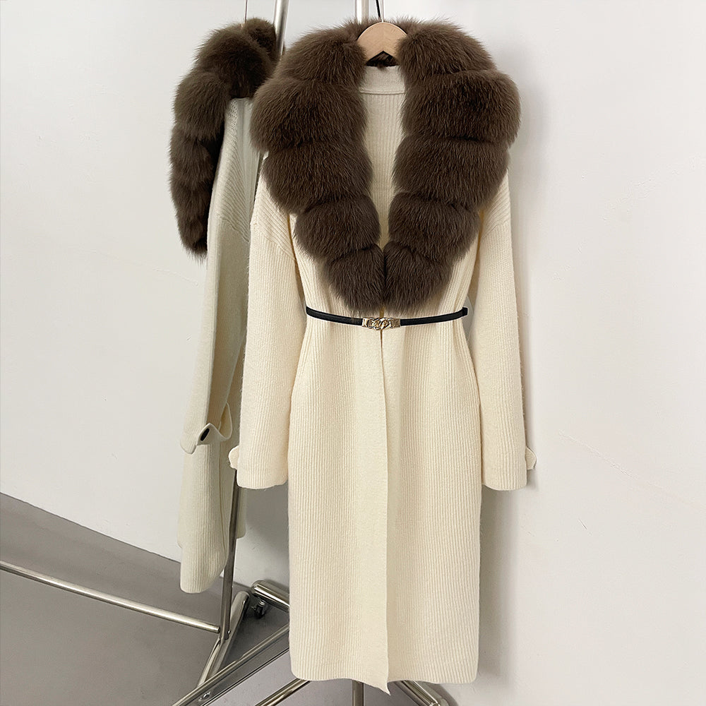 OFTBUY Warm Winter Elegant Fashion knit Outerwear female New Women's Knit Long Coat with Large Real Fox Fur Collar Belted Waist