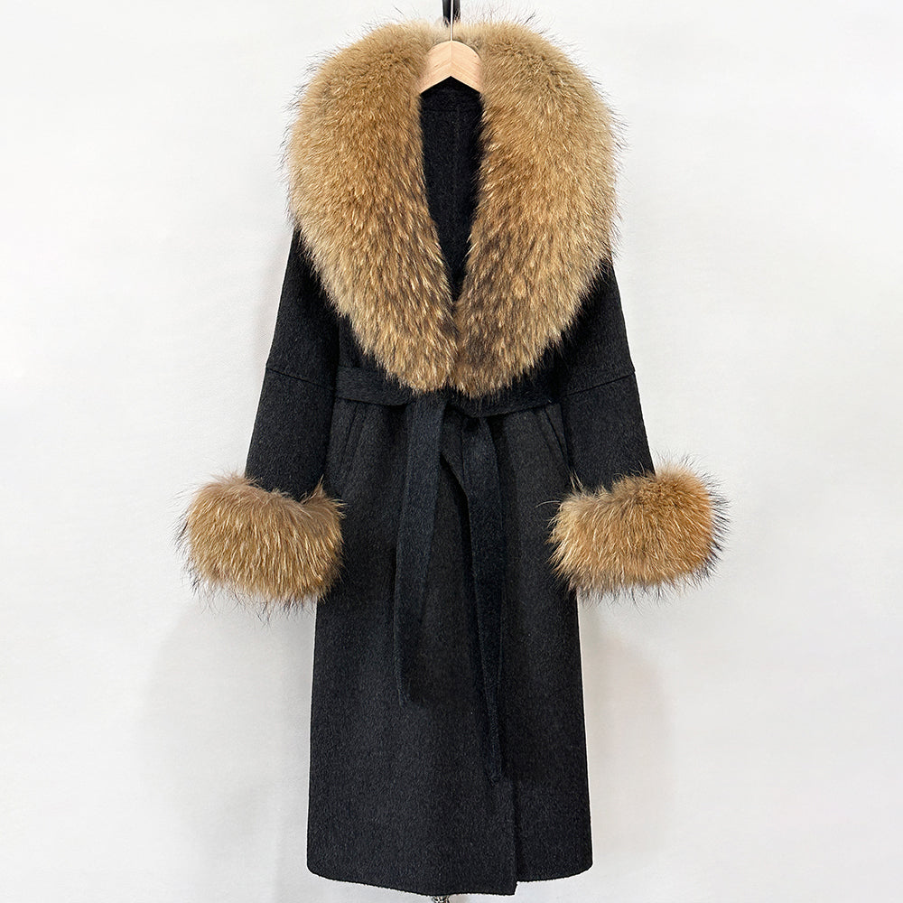 OFTBUY New Women's Double-Faced Wool Coat with Large Real Fox Fur Belted Warm Winter Luxury Fashion Outerwear Woolen Jacket Lady